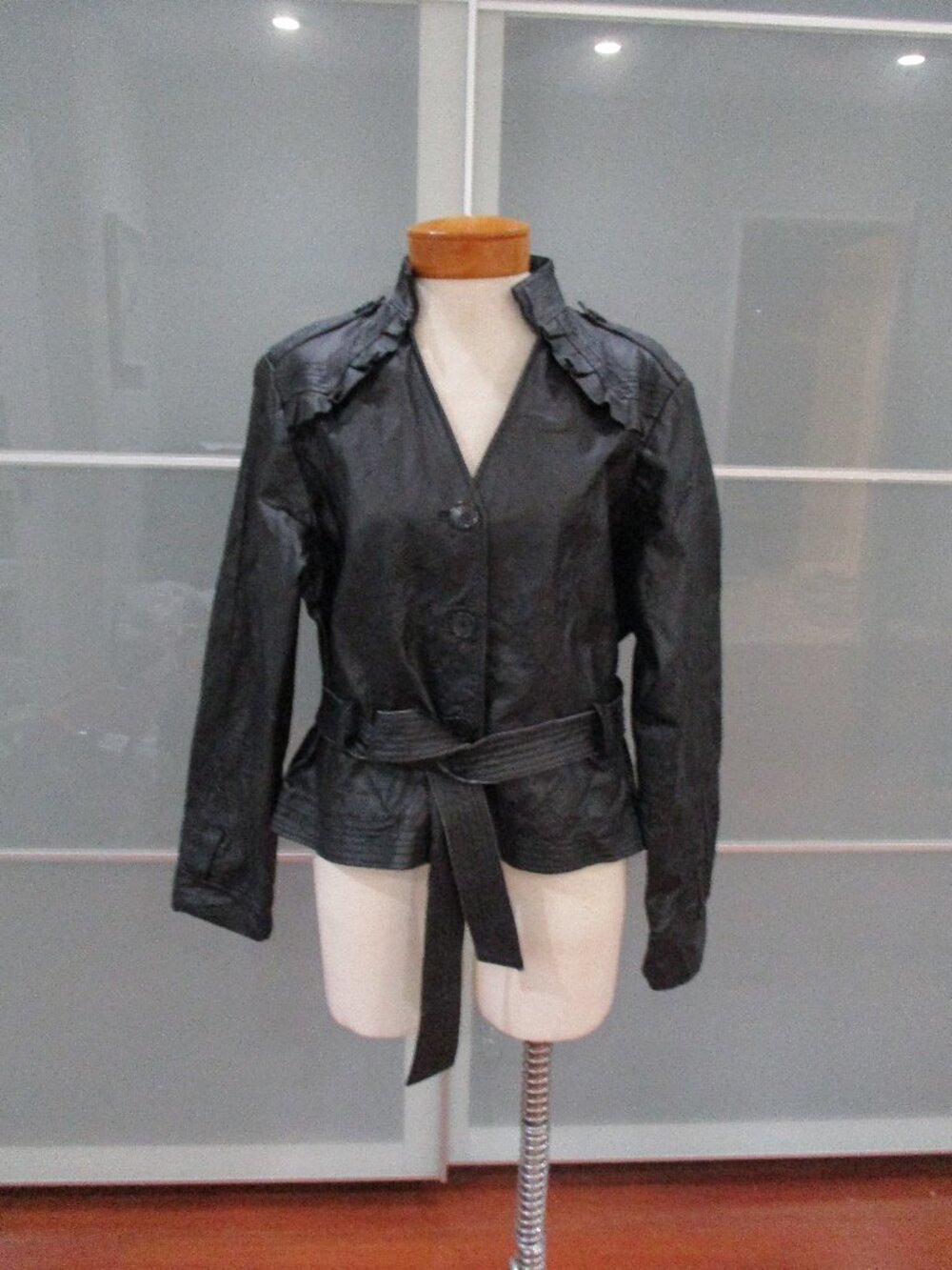 Ashley Stewart Button Close Belted Leather Jacket